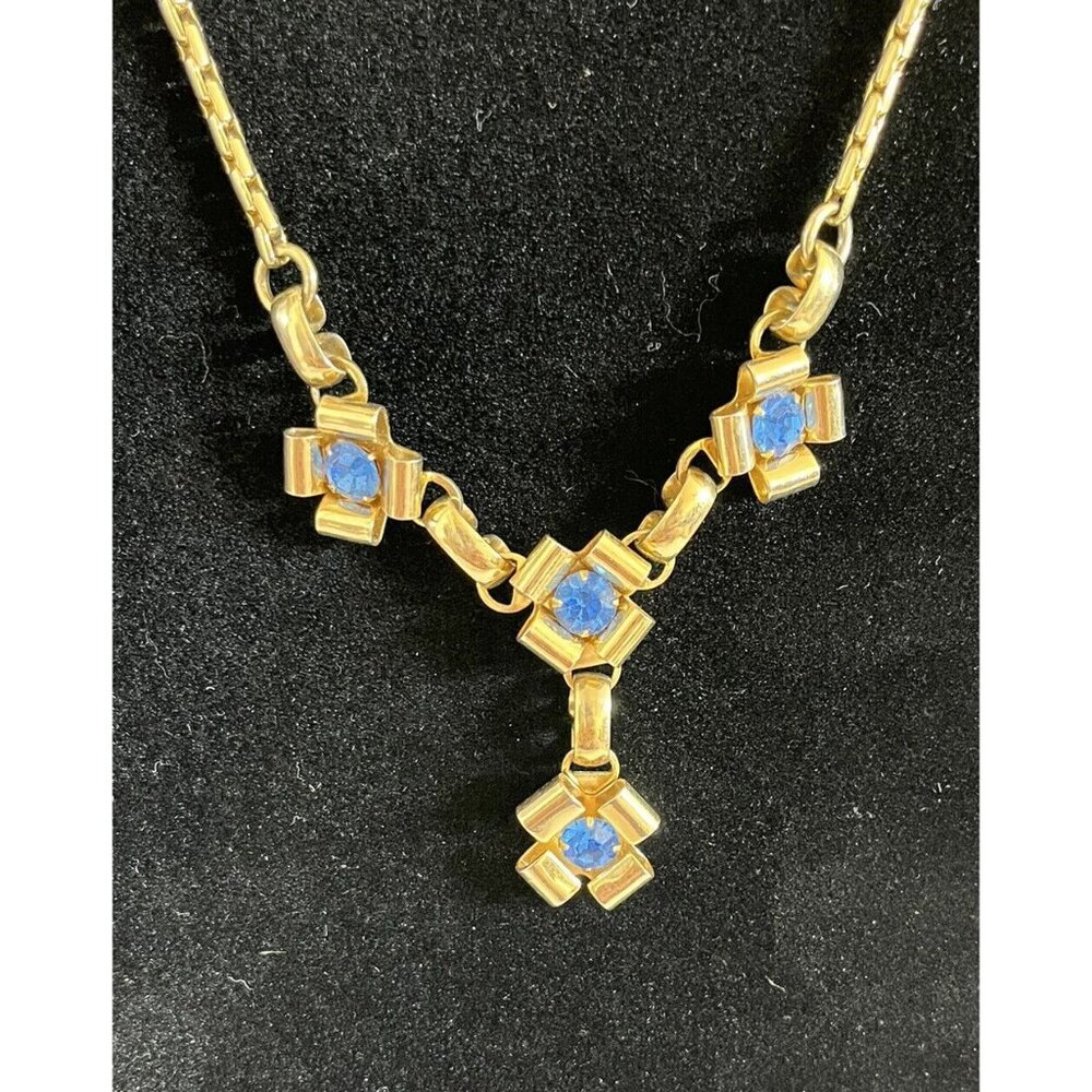 Vintage Necklace Blue Rhinestone Choker Square Gold Tone Settings & Snake Chain